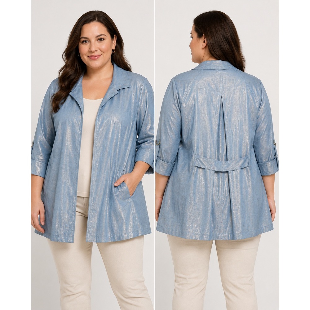 Linear Metallic Blue Linen Blend Open Front Jacket 2X